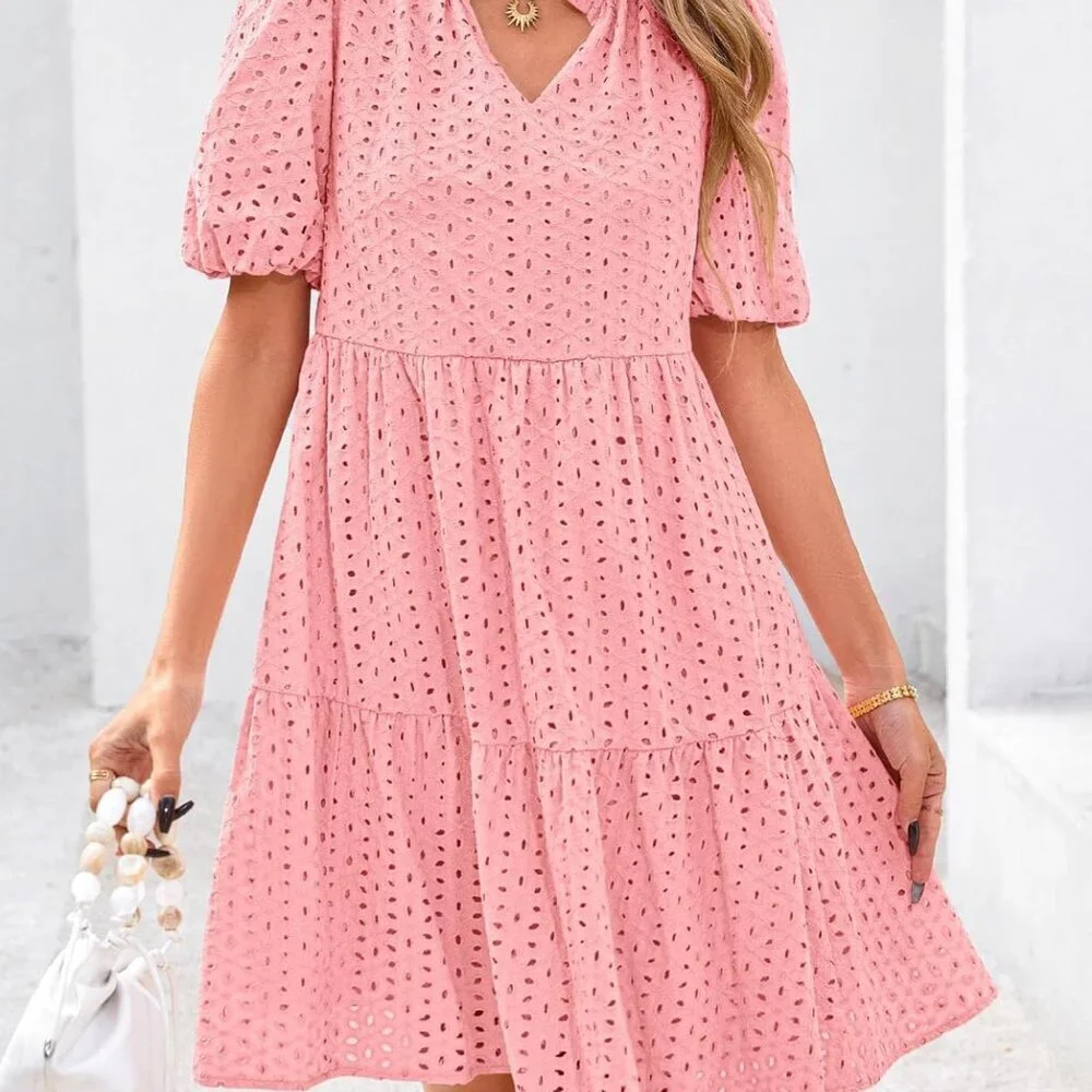 Eyelet Summer Dresses for Women 2025 Mini Casual Hollow Out Short Sleeve Lace Ti - Picture 7 of 8